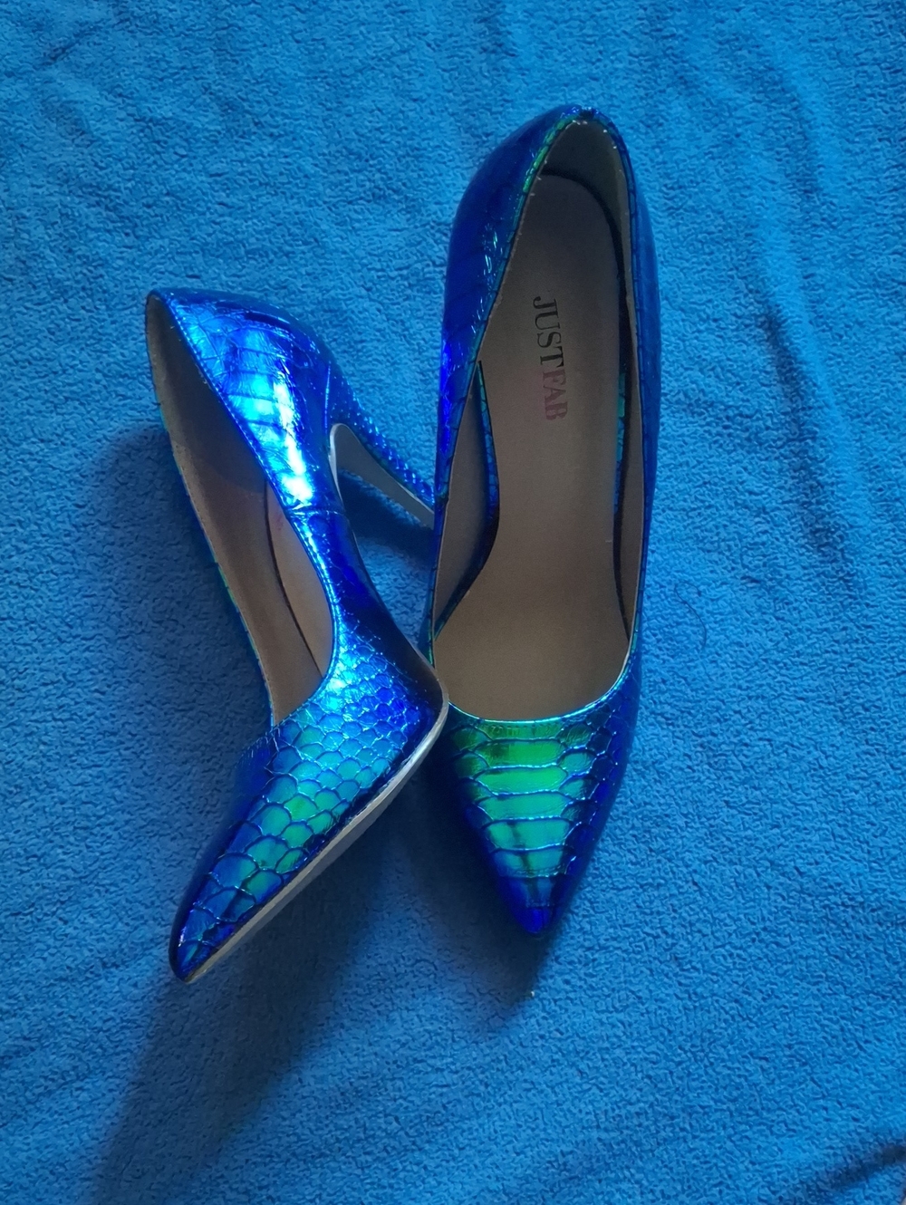 JUSTFAB Blue-Green Iridescent Pointed-Toe Pumps